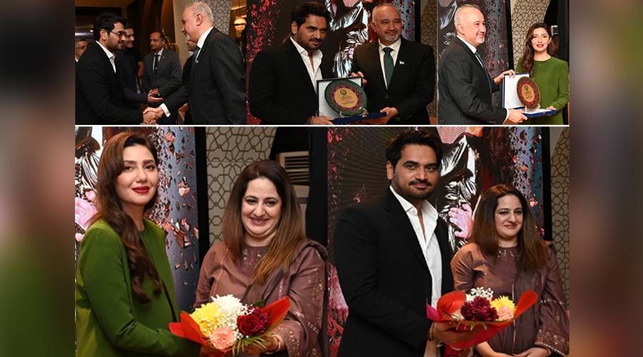 پاکستانی سینما اور فنون میں نمایاں خدمات انجام دینے پر پاکستانی فلمی فنکاروں ہمایوں سعید اور ماہرہ خان کے اعزاز میں تقریب کا انعقاد