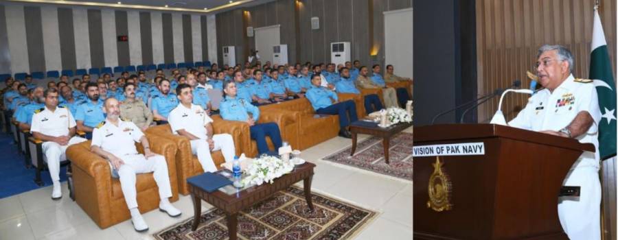 سربراہ پاک بحریہ ایڈمرل نوید اشرف کا کراچی میں پاکستان ایئر فورس ایئر وار کالج انسٹی ٹیوٹ کا دورہ